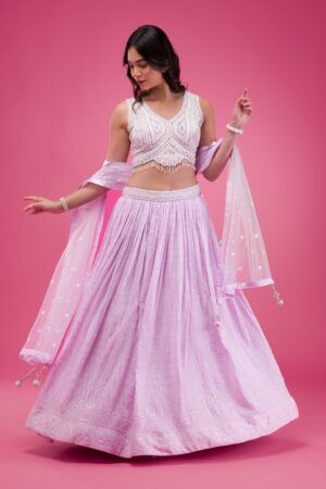 Lavender Threadwork Georgette Readymade Lehenga